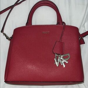 DKNY Red Leather Satchel with Silver Hardware